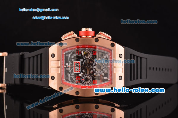 Richard Mille RM011 Swiss Valjoux 7750-SHG Automatic Rose Gold Case with Black Rubber Strao and Skeleton Dial - 1:1 Original - Click Image to Close